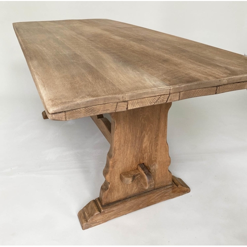 120 - REFECTORY TABLE, rectangular solid planked oak on pierced trestle ends united by a shaped stretcher,... 