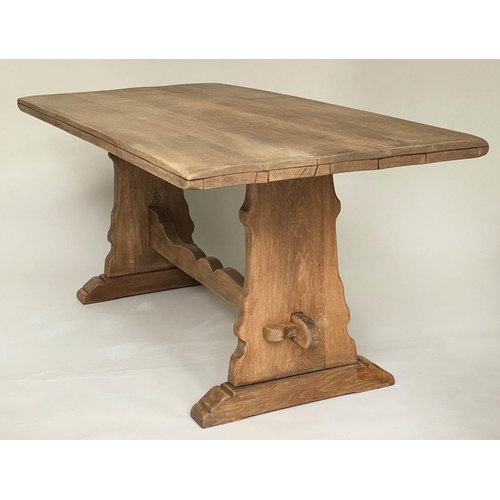 120 - REFECTORY TABLE, rectangular solid planked oak on pierced trestle ends united by a shaped stretcher,... 