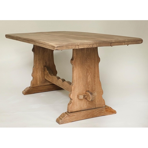 120 - REFECTORY TABLE, rectangular solid planked oak on pierced trestle ends united by a shaped stretcher,... 