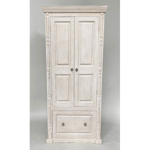 121 - ARMOIRE, traditionally grey painted with two panelled doors enclosing hanging space above a single d... 