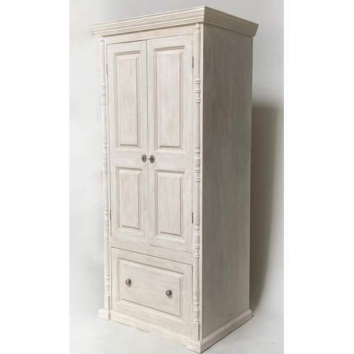 121 - ARMOIRE, traditionally grey painted with two panelled doors enclosing hanging space above a single d... 