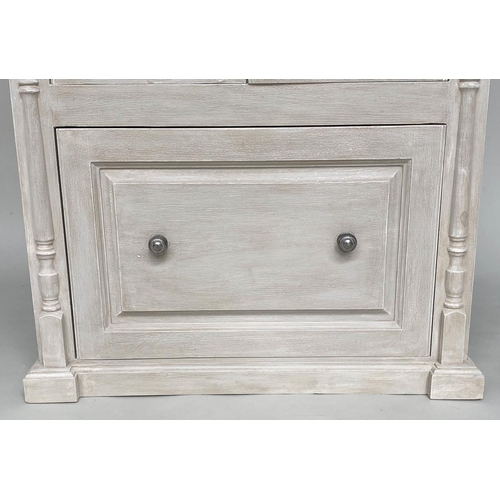 121 - ARMOIRE, traditionally grey painted with two panelled doors enclosing hanging space above a single d... 