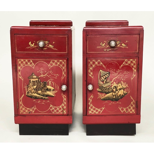 122 - ART DECO BEDSIDE CABINETS, a pair, 1930s red lacquered and gilt Chinoiserie decorated each with draw... 