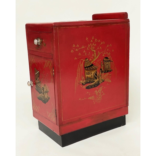 122 - ART DECO BEDSIDE CABINETS, a pair, 1930s red lacquered and gilt Chinoiserie decorated each with draw... 