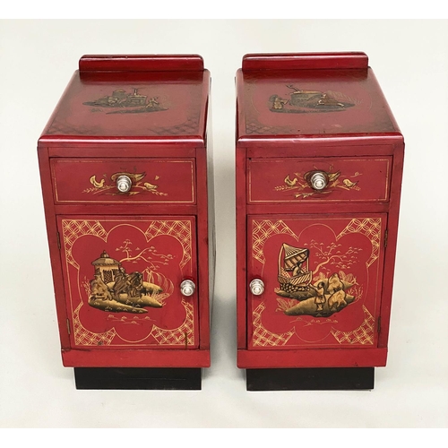 122 - ART DECO BEDSIDE CABINETS, a pair, 1930s red lacquered and gilt Chinoiserie decorated each with draw... 