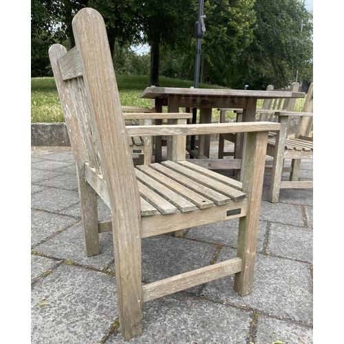 123 - GARDEN TABLE AND CHAIRS, well weathered teak with rectangular table by Lister together with six flat... 