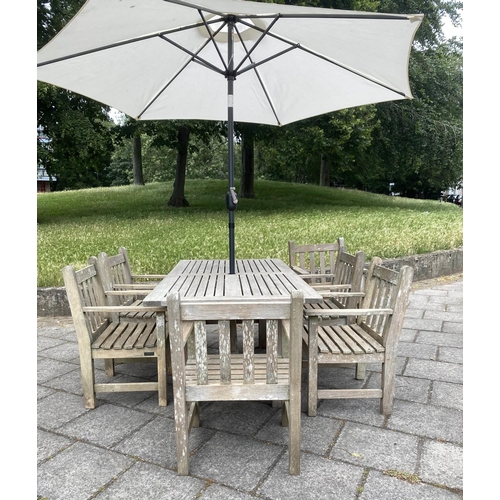 123 - GARDEN TABLE AND CHAIRS, well weathered teak with rectangular table by Lister together with six flat... 