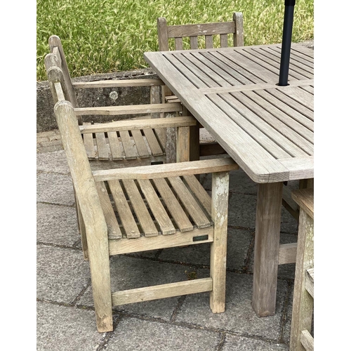 123 - GARDEN TABLE AND CHAIRS, well weathered teak with rectangular table by Lister together with six flat... 