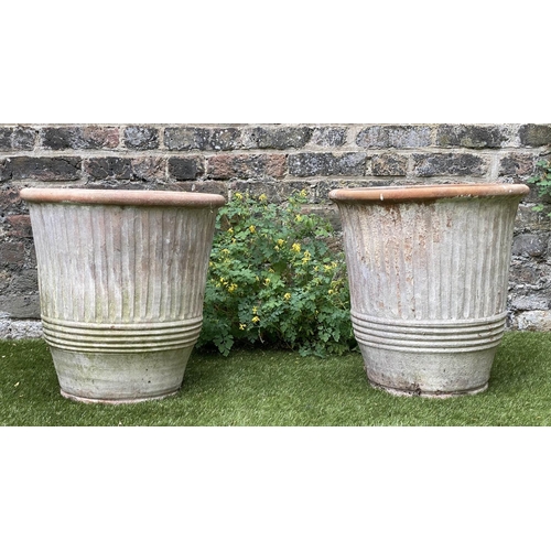 124 - GARDEN PLANTERS, a pair, weathered terracotta each of tapering fluted form, 46cm W H x 46cm W. (2)