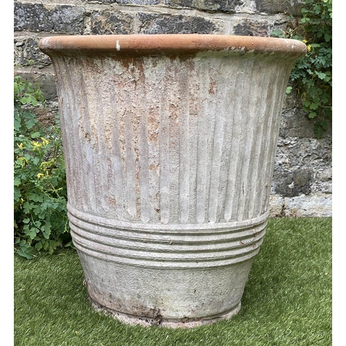 124 - GARDEN PLANTERS, a pair, weathered terracotta each of tapering fluted form, 46cm W H x 46cm W. (2)