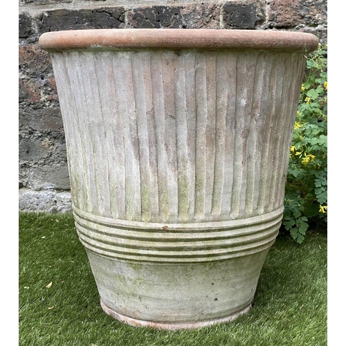 124 - GARDEN PLANTERS, a pair, weathered terracotta each of tapering fluted form, 46cm W H x 46cm W. (2)