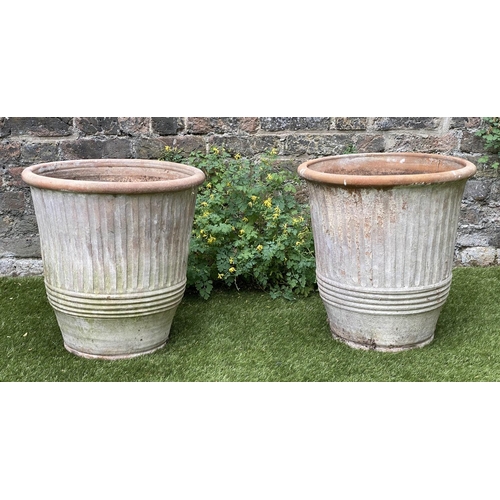 124 - GARDEN PLANTERS, a pair, weathered terracotta each of tapering fluted form, 46cm W H x 46cm W. (2)