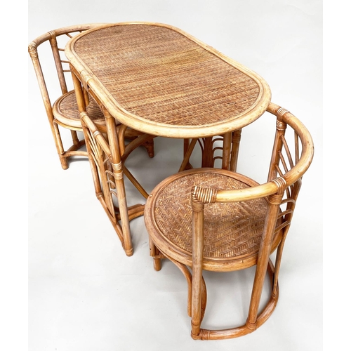 128 - TERRACE SET, rattan framed, wicker panelled and cane bound oval with companion pair of chairs, 106cm... 