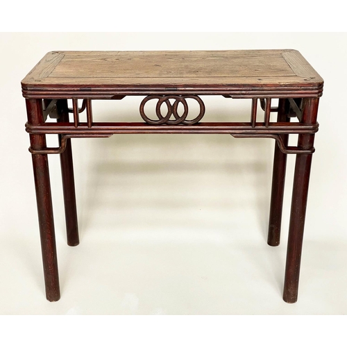 130 - SCRIBES/ALTAR TABLE, 19th century Chinese elm and lacquered with scroll pierced frieze, 96cm x 85cm ... 