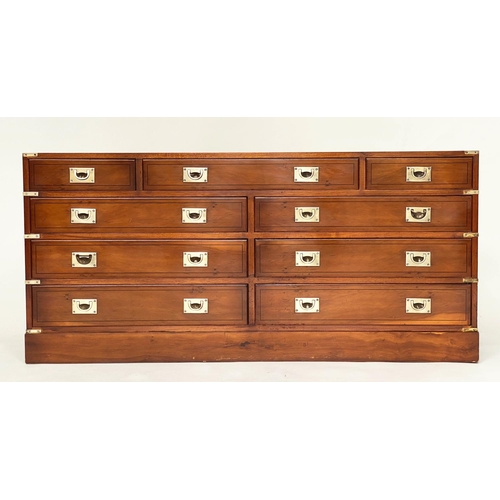 132 - CAMPAIGN STYLE LOW CHEST, yewwood and brass bound with nine drawers, 150cm x 43cm x 70cm H.