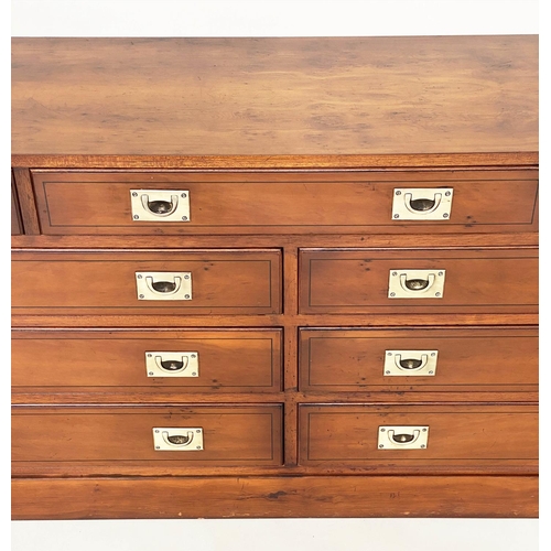 132 - CAMPAIGN STYLE LOW CHEST, yewwood and brass bound with nine drawers, 150cm x 43cm x 70cm H.