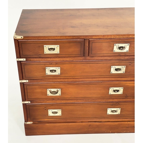 132 - CAMPAIGN STYLE LOW CHEST, yewwood and brass bound with nine drawers, 150cm x 43cm x 70cm H.