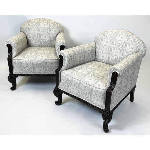 178 - ARMCHAIRS, 77cm H x 72cm, a pair, circa 1900, Georgian revival mahogany in pale patterned linwood fa... 