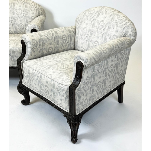 178 - ARMCHAIRS, 77cm H x 72cm, a pair, circa 1900, Georgian revival mahogany in pale patterned linwood fa... 