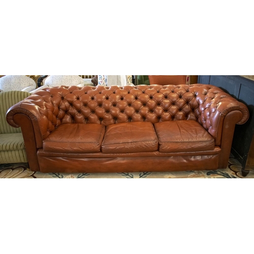 184 - CHESTERFIELD SOFA, 73cm H x 215cm W x 93cm D, oxblood red leather.