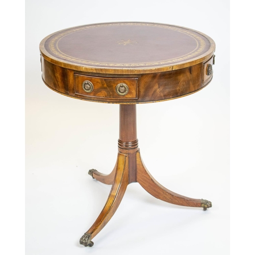 188 - DRUM TABLE, 68cm H x 61cm D, Regency design mahogany with red leather top and four drawers.