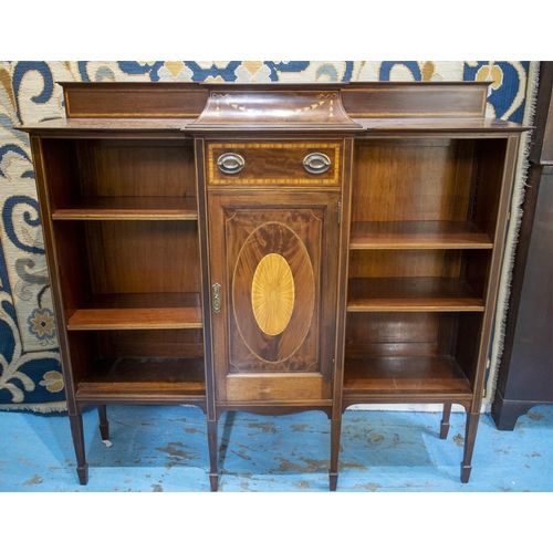 189 - JAMES SHOOLBRED & CO OPEN BOOKCASE, 130cm H x 138cm W x 35cm D, Edwardian mahogany and marquetry wit... 