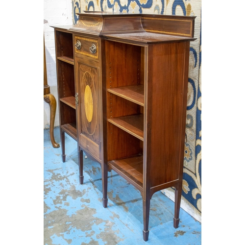 189 - JAMES SHOOLBRED & CO OPEN BOOKCASE, 130cm H x 138cm W x 35cm D, Edwardian mahogany and marquetry wit... 