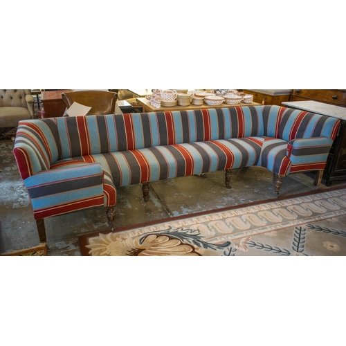 193 - SOFA, 77cm H x 290cm x 65cm, 95cm D at ends, late Victorian with unusual L shaped ends in blue and r... 