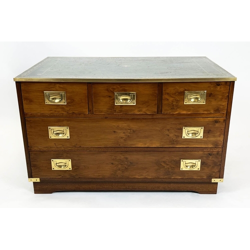 195 - CHEST, 56cm H x 92cm x 62cm, yewwood and brass bound with green leather top above five drawers.