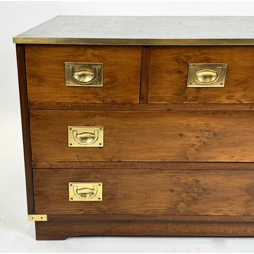 195 - CHEST, 56cm H x 92cm x 62cm, yewwood and brass bound with green leather top above five drawers.