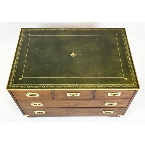 195 - CHEST, 56cm H x 92cm x 62cm, yewwood and brass bound with green leather top above five drawers.