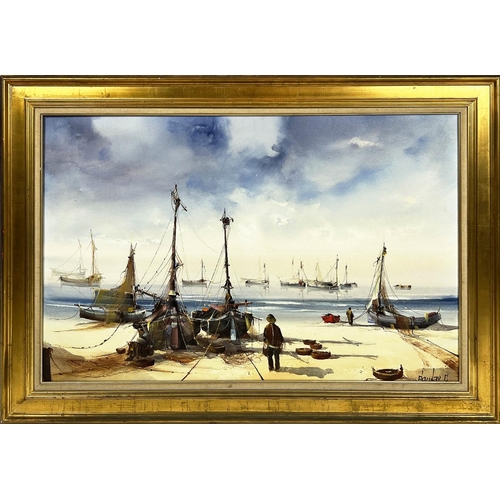 31 - JORGE AGUILAR AGON (B.1936, Spain), 'Fishing boats', oil on canvas, 58cm x 91cm, signed, framed.