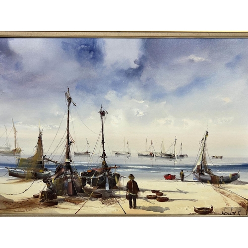 31 - JORGE AGUILAR AGON (B.1936, Spain), 'Fishing boats', oil on canvas, 58cm x 91cm, signed, framed.