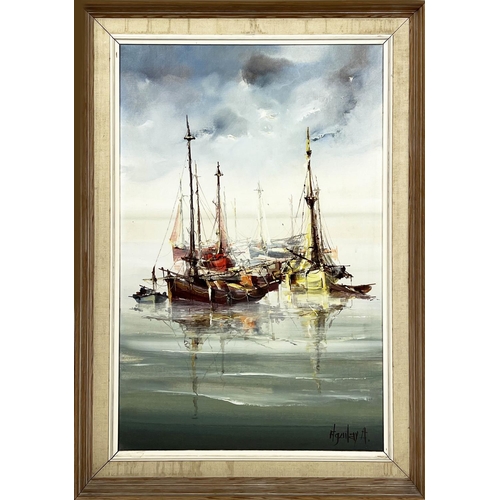32 - JORGE AGUILAR AGON (B.1936, Spain), 'Fishing boats', oil on canvas, 75cm x 49cm, signed, framed.
