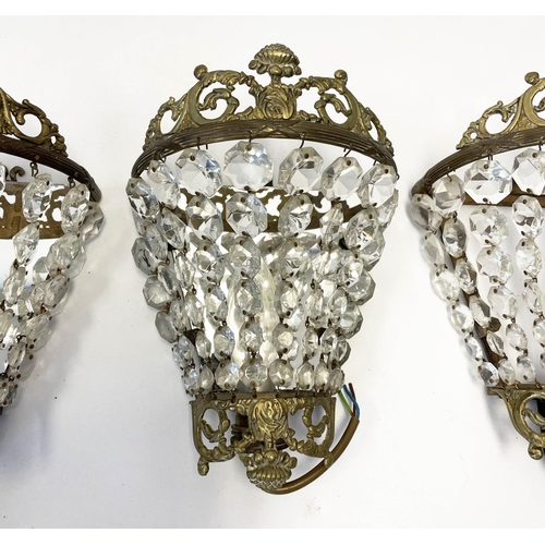4 - WALL LIGHTS, four, brass with facetted glass chains along with five glass tea light candlesticks, 23... 