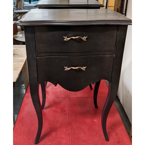 401 - COACH HOUSE SIDE CABINETS, a pair, French provincial style, ebonised with two drawers to each, 55cm ... 