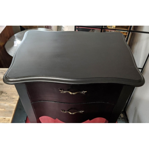 401 - COACH HOUSE SIDE CABINETS, a pair, French provincial style, ebonised with two drawers to each, 55cm ... 