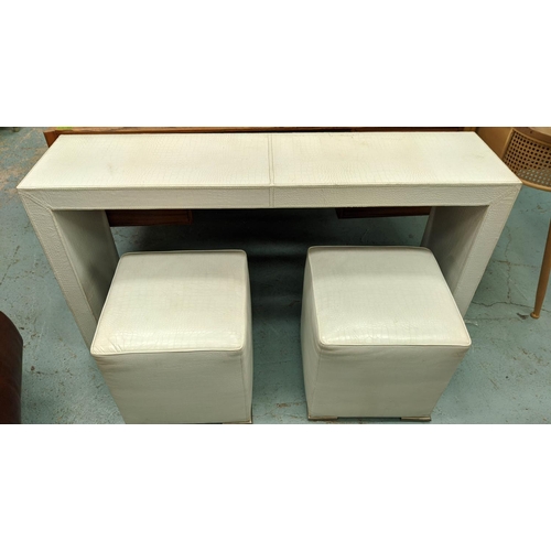 423 - CONSOLE TABLE, 140cm W x 36cm D x 72cm H, white faux crocodile and two cubes matching cub stools. (3... 