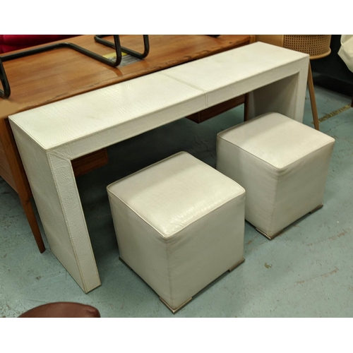 423 - CONSOLE TABLE, 140cm W x 36cm D x 72cm H, white faux crocodile and two cubes matching cub stools. (3... 