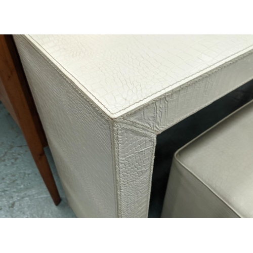 423 - CONSOLE TABLE, 140cm W x 36cm D x 72cm H, white faux crocodile and two cubes matching cub stools. (3... 