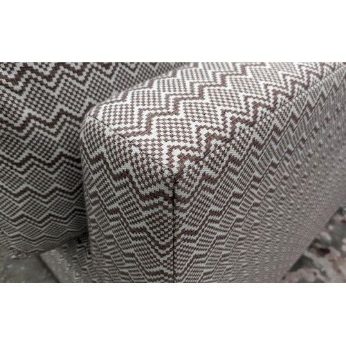 427 - CORNER SOFA, 258cm x 199cm x 90cm with patterned upholstery. (in two sections).