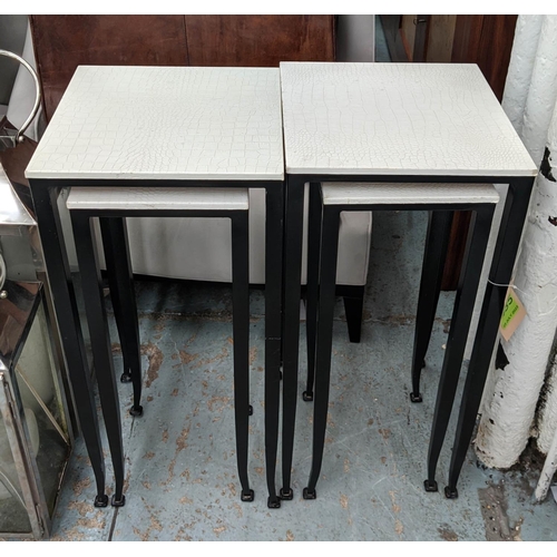 435 - NESTING SIDE TABLES, 35cm W x 35cm D x 80cm H, two graduated pairs, faux crocodile tops. (4)