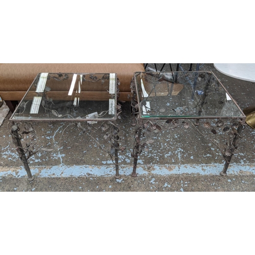 439 - OCCASIONAL TABLES, a pair, 54cm x 40cm H foliate and floral decorated, each with a square glass top.... 