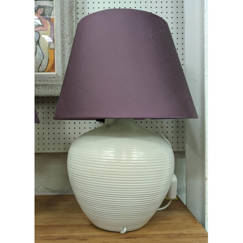 440 - TABLE LAMPS, a pair, 51cm H white, each with a purple shade. (2)