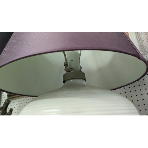 440 - TABLE LAMPS, a pair, 51cm H white, each with a purple shade. (2)