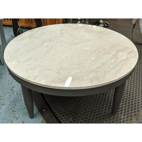 441 - LOW TABLE, circular polished stone top, on a wooden base, 44cm H x 96cm.