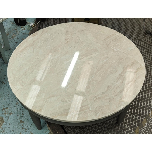 441 - LOW TABLE, circular polished stone top, on a wooden base, 44cm H x 96cm.