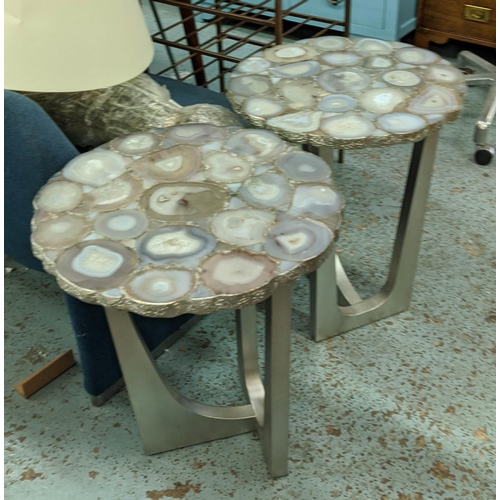 443 - SIDE TABLES, a pair, each 46cm x 55cm H, agate tops on silvered bases. (2)