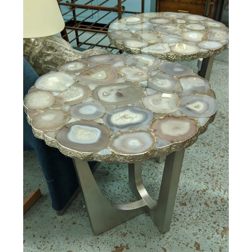 443 - SIDE TABLES, a pair, each 46cm x 55cm H, agate tops on silvered bases. (2)