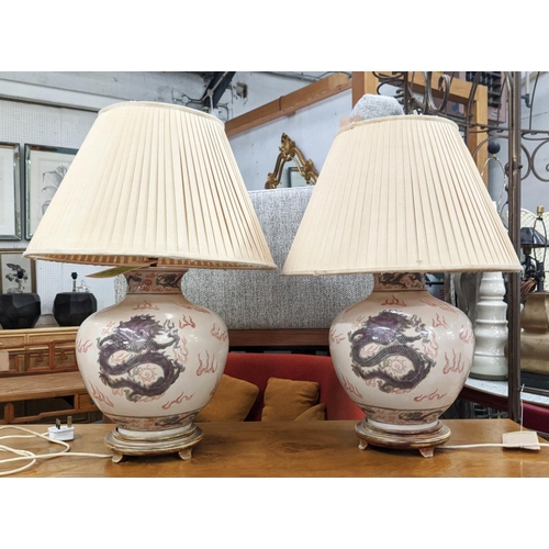 446 - TABLE LAMPS, a pair, Chinese Export ceramic, with pleated shades, 64cm H. (2)